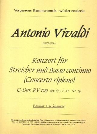 Konzert C-Dur RV109 fr 2 Violinen, Viola, Violoncell, Kontrabass und Cembalo Partitur und Stimmen (1-1-1-1-1-1-Cembalo)