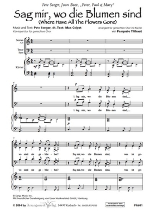 Sag mir, wo die Blumen sind fr gem Chor und Klavier Chorpartitur