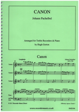 Canon for 3 treble recorders and piano piano score and flute score