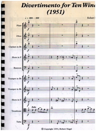 Divertimento for Ten Winds for flute, oboe, clarinet, 2 horns, bassoon, 2 trumpets, trombone and tuba, score and parts