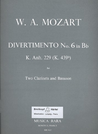 Divertimento B-Dur Nr.6 KVAnh.229 fr 2 Klarinetten und Fagott Partitur mit Stimmen