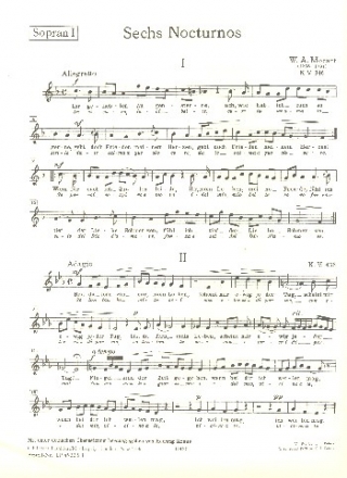 6 Nocturnos KV346, KV436-439 und KV549 fr 3 Stimmen und Klavier (Streicher ad lib) Sopran 1 (dt)