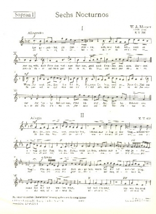 6 Nocturnos KV346, KV436-439 und KV549 fr 3 Stimmen und Klavier (Streicher ad lib) Sopran 1 (dt)