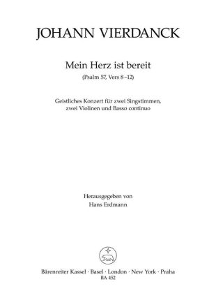 Mein Herz ist bereit Geistliches Konzert fr 2 hohe Singstimmen, 2 Violinen und Kontraba,   Partitur und Stimmen