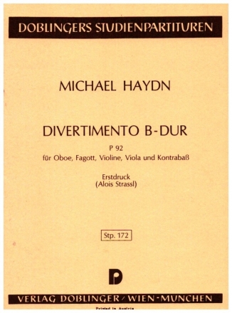 Divertimento B-Dur P92 fr Oboe, Fagott, Violine, Viola und Kontrabass Studienpartitur