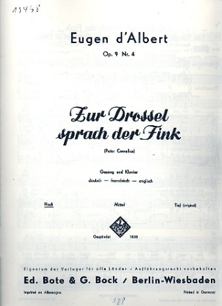 Zur Drossel sprach der Fink fr hohe Singstimme und Klavier (dt/fr/en) Verlagskopie