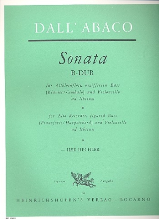 Sonate B-Dur fr Altblockflte, bezifferten Bass (Violoncello ad lib.) Partitur und Stimmen