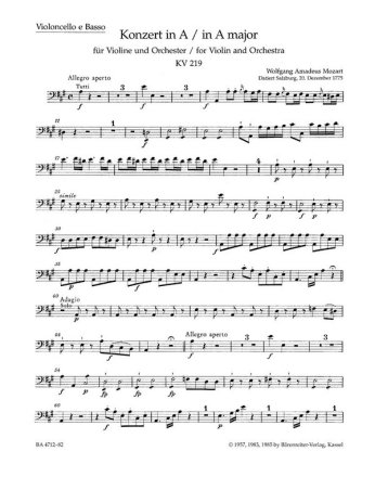 Konzert A-Dur KV219 fr Violine und Orchester Cello/Ba