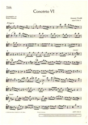 Concerto Nr. 6 op. 10/6 RV 437/PV 105 fr Flte (Alt-Blockflte), Streichorchester und Basso continuo Einzelstimme - Viola