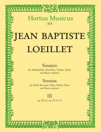 Sonaten Band 3 op.3,12 und op.4,11-12 fr Altblockflte und Bc