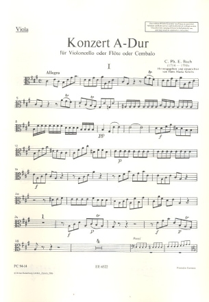 Konzert A-Dur fr Flte (Violoncello, Cembalo) und Streichorchester Viola