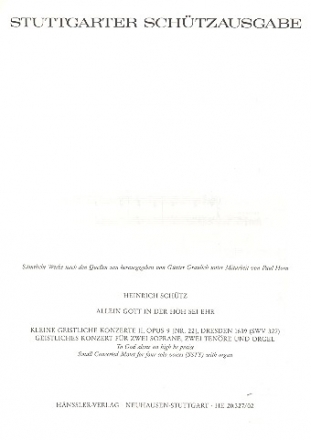 Allein Gott in der Hh sei Ehr (Geistliches Konzert) fr 2 Soprane, 2 Tenre und Orgel Partitur