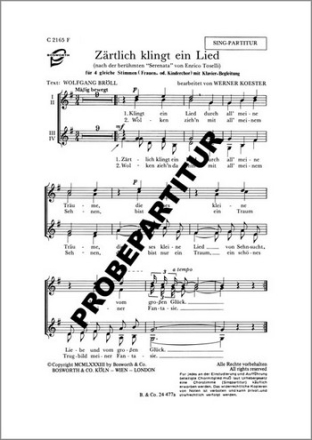 Zrtlich kliegt ein Lied fr SSAA Chor und Klavier Partitur (dt)