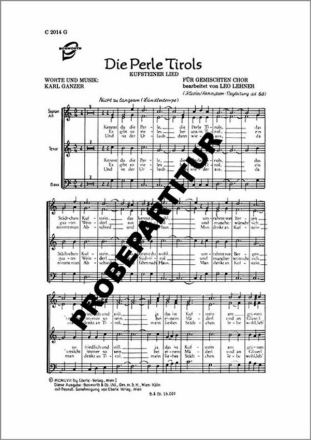 Die Perle Tirols f�r gem Chor und Klavier Chorpartitur