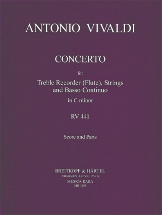 Fltenkonzert in c RV441 for treble recorder (fl), strings, bc Partitur und Stimmen