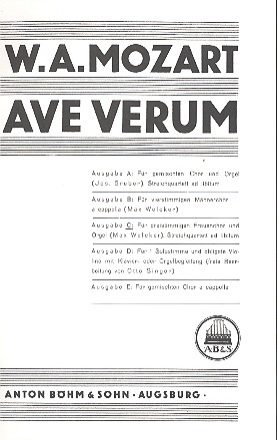 Ave verum KV618 Ausgabe C fr Frauenchor und Orgel, Streichquartett ad lib. Partitur