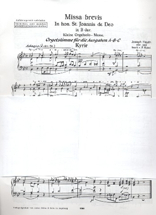 Missa brevis B-Dur 'in honorem sancti Joannes de deo' fr gem Chor, Streicher und Orgel Orgelauszug (= Orgelstimme fr Ausgaben A,, B unc C)