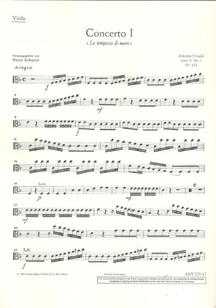 Concerto Nr. 1 F-Dur op. 10/1 RV 433/PV 261 fr Flte (Alt-Blockflte), Streichorchester und Basso continuo Einzelstimme - Viola