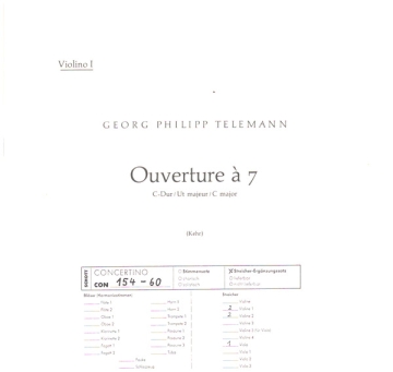 Ouverture  7 fr 3 Oboen, 2 Violinen, Viola und Basso continuo, Cembalo (Klavier),  Streicher-Ergnzungssatz - 2 Violinen I, 3 Violinen II, Viola, 2 Bassi