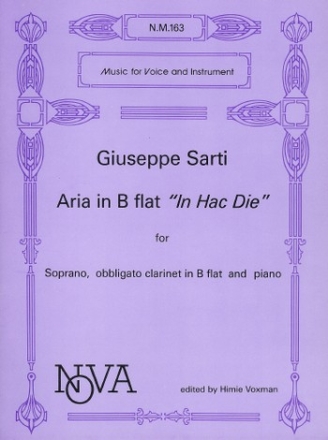In hac die Aria B flat major for Soprano, obbligato clarinet and piano score and 2 parts (la)