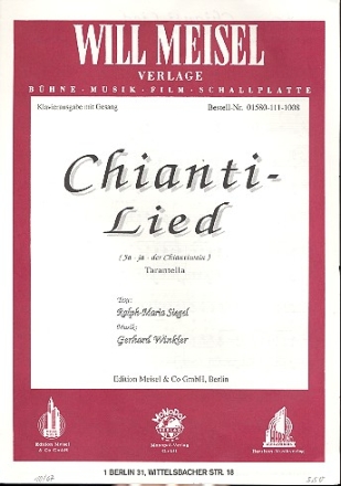 Chianti-Lied für Männerchor und Klavier Partitur