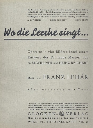 Wo die Lerche singt Operette in vier Bildern Klavierauszug (dt)