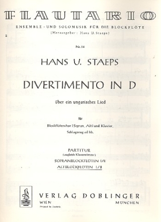 Divertimento ber ein ungarisches Lied in D fr 4 Blockflten (SSAA) und Klavier,   Altblockflte 1/2