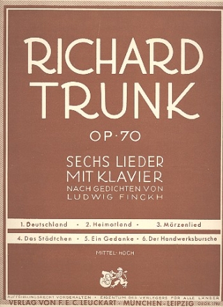 6 Lieder op.70 nach Gedichten von Finckh, Ludwig fr Gesang und Klavier