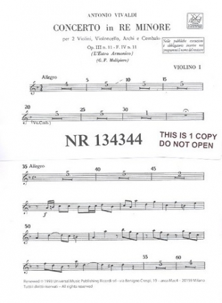 Konzert d-Moll op.3,11 fr 2 Violinen, Violoncello, Streicher und Bc Stimmensatz (Soli, 3-3-2-2-1 und Cembalo)
