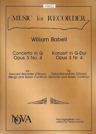 Konzert G-Dur op.3,4 für Sopranblockflöte (Oboe), Streicher und Bc 5 Spielpartituren