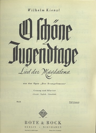 Oh schne Jugendtage - Lied der Magdalena fr tiefe Singstimme und Klavier (dt/en/schwed)