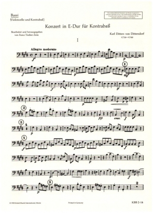 Konzert E-Dur Krebs 172 fr Kontrabass und Orchester Einzelstimme - Violoncello/Kontrabass