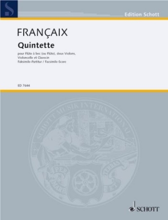 Quintett fr Blockflte (Flte), 2 Violinen, Violoncello und Cembalo Partitur