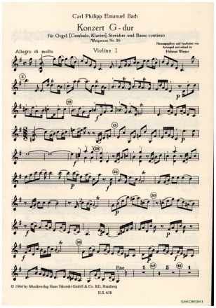 Konzert G-Dur Wq34 fr Orgel, (Cembalo / Klavier), Streicher und Bc Stimmenset