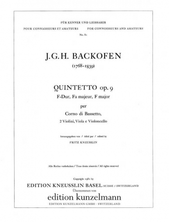Quintett F-Dur op.9 fr Bassetthorn und Strichquartett Stimmen