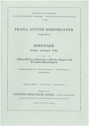 Serenade Es-Dur fr 2 Oboen (Flten), 2 Klarinetten, 2 Hrner, 2 Fagotte und Kontrabas Partitur