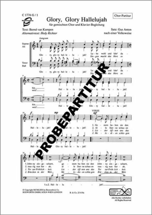Glory, Glory, Hallelujah f�r gem Chor mit Klavier-Begleitung Partitur