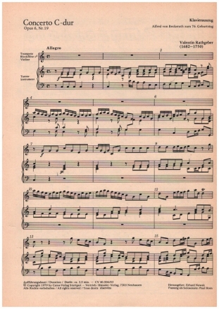 Concerto C-dur op.6 Nr.19 für Blockflöte (Trompete/Klarinette) und Klavier Klavierauszug mit Solostimme