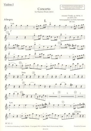 Konzert C-Dur op.44,11 RV443 fr Flautino und Streichorchester Violine 1