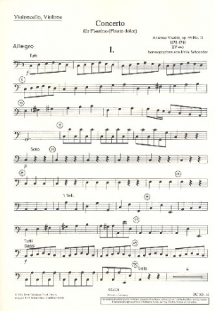 Konzert C-Dur op.44,11 RV443 fr Flautino und Streichorchester Cello/Bass