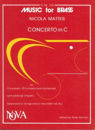 Concerto C major for 3 trumpets (2 trp and trb), editorial timpani, keyboard or strings/rec. ad lib.,    score and 6 parts
