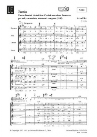 Passio domini nostri Jesu Christi Secundum Joannem fr Soli, Chor Instrumente und Orgel Chorpartitur