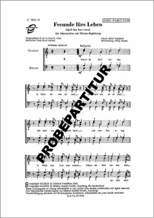 Freunden f�rs Leben f�r M�nnerchor und Klavier Klavierpartitur