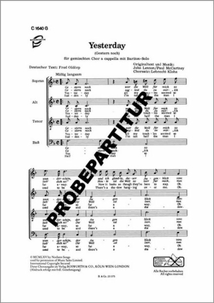 Yesterday f�r gem Chor a cappella Chorpartitur (dt/en)