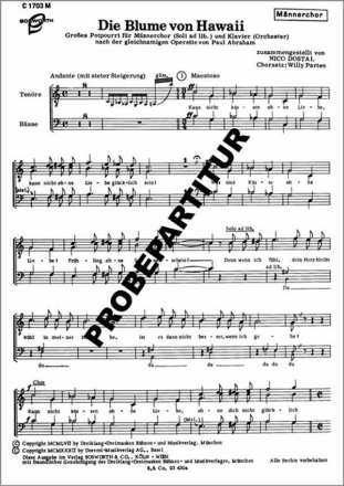 Blume von Hawaii gro�es Potpourri f�r TTBB Chor und Orchester, Soli ad lib Partitur
