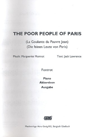 Die feinen Leute von Paris: Einzelausgabe Gesang und Klavier