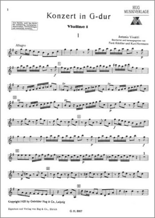 Concerto G-Dur RV310 fr Violine und Streichorchester Stimmenset ((3-3-3)-(2-2)-2-1, Cont, Solo)