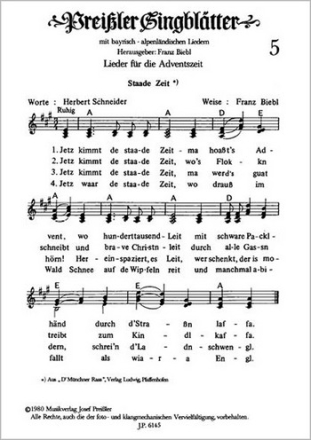 Preissler Singblaetter 5 Lieder fr die Adventszeit, 3-stimmig gesetzt mit Akkordbezeichnung