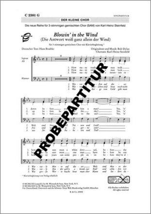 BLOWIN' IN THE WIND f�r gem Chor (SAB) und Klavier Singpartitur (dt/en)