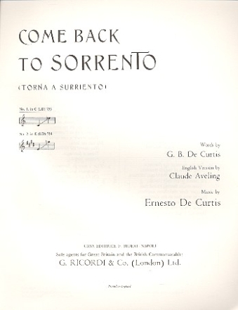 Come back to Sorrento: fr Gesang und Klavier (en/it, C-Dur, tief)